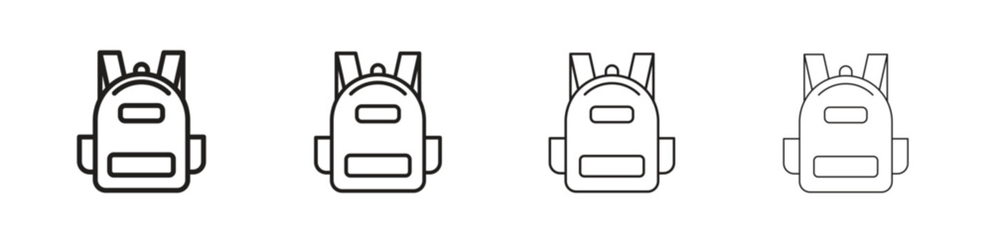 Backpack icon set. A collection of simple black thin strokes icons