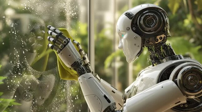 Robot cleaning window with yellow cloth in bright outdoor setting closeup view