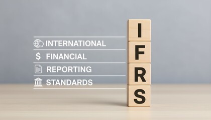 IFRS acronym spelled out on wooden blocks with corresponding words and icons, representing financial reporting standards.