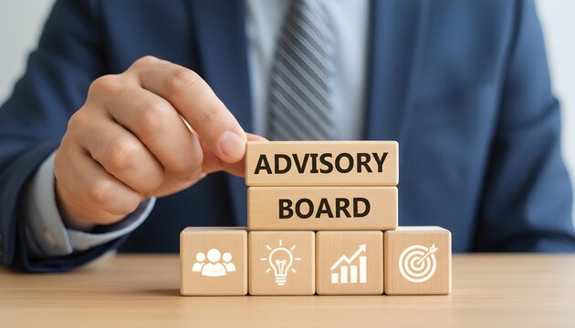 Businessman stacking wooden blocks with icons to illustrate the concept of an advisory board for strategic guidance.