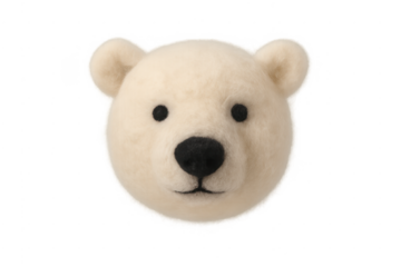 White needle felted polar bear head craft on transparent background