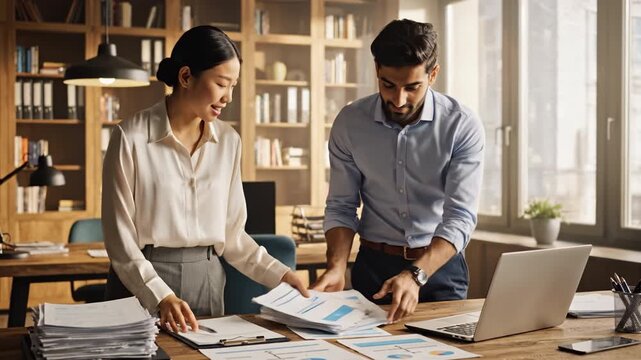 Business colleagues analyzing financial documents and charts on laptop in modern office with natural light, showcasing professional teamwork and detailed financial analysis for project success - Powered by Adobe