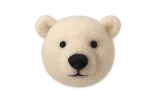 White needle felted polar bear head craft on transparent background