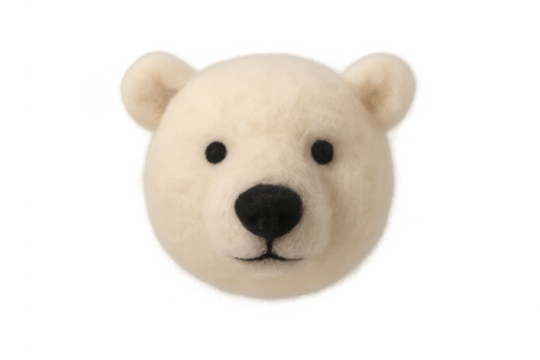 White needle felted polar bear head craft on transparent background