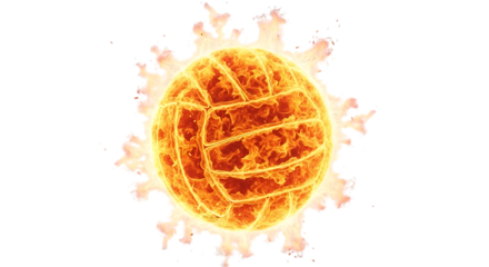 Volleyball, engulfed in bright orange and yellow flames with wisps of smoke, isolated on a transparent background, cutout, PNG