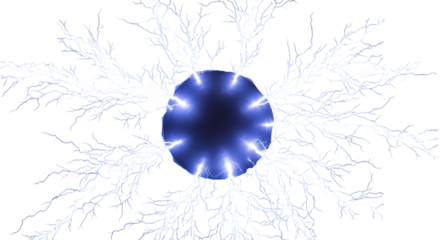 Electric discharge, emanating from a dark sphere with branching blue lightning, isolated on a transparent background, cutout, PNG