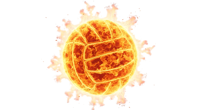 Volleyball, engulfed in bright orange and yellow flames with wisps of smoke, isolated on a transparent background, cutout, PNG