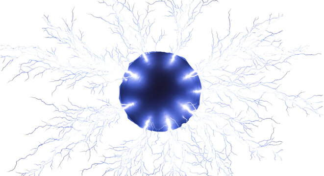 Electric discharge, emanating from a dark sphere with branching blue lightning, isolated on a transparent background, cutout, PNG