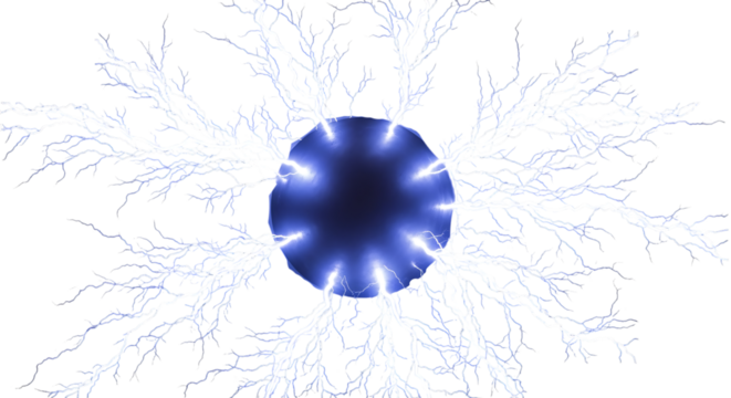 Electric discharge, emanating from a dark sphere with branching blue lightning, isolated on a transparent background, cutout, PNG - Powered by Adobe