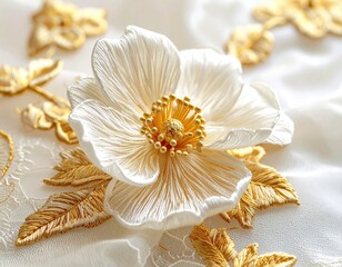 White fabric flower with golden leaves on draped fabric