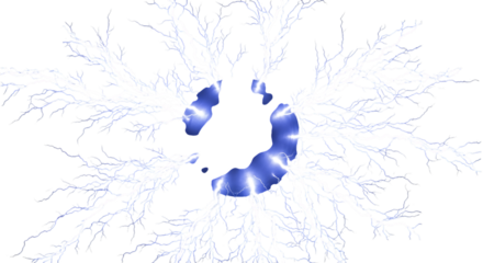 Electric discharge, with branching white lightning bolts and blue glowing plasma, isolated on a transparent background, cutout, PNG