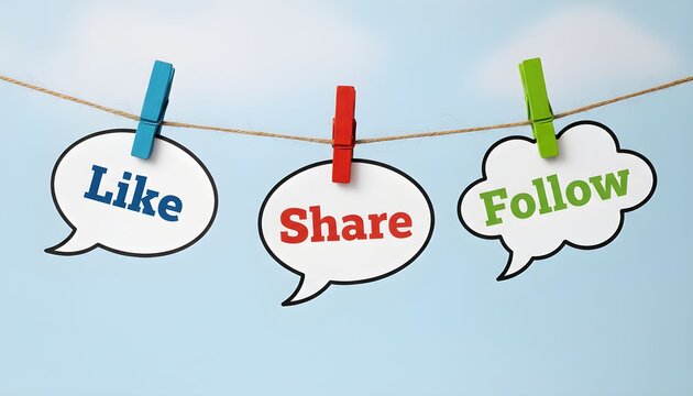 Social media engagement concepts of Like, Share, and Follow on speech bubbles hanging from a clothesline.