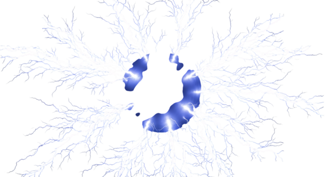 Electric discharge, with branching white lightning bolts and blue glowing plasma, isolated on a transparent background, cutout, PNG