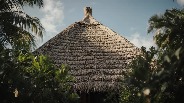Tropical Hut Roof: Exotic Thatch, Palm Trees, and Blue Sky Serenity
