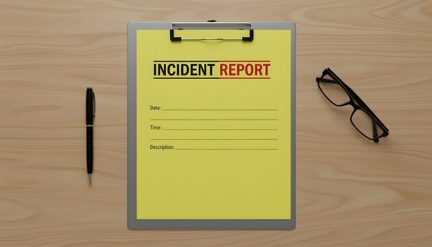 An incident report form on a clipboard with a pen and glasses on a wooden surface.