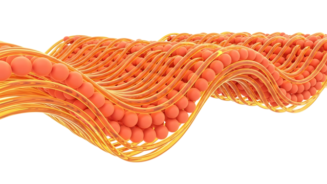 3d rendering of collagen fiber structure with spherical protein unit representation isolated on transparent background