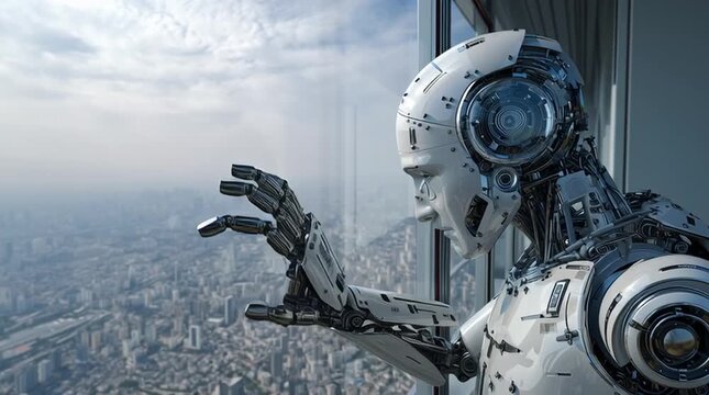Futuristic robot with outstretched hand overlooking a cityscape from a window