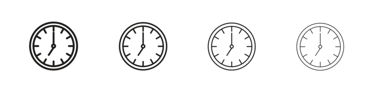 Clock seven icon set. A collection of simple black thin strokes icons