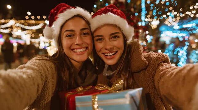 Two women in santa hats taking a selfie with christmas lights in background