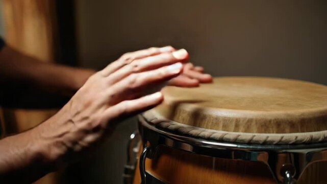 Hands playing bongo drum, close-up view
