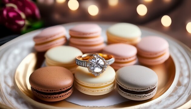 exquisite rings resting on delicate macarons at a dessert table - Powered by Adobe
