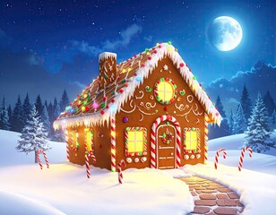 Gingerbread house stands in snowy night under a shining moon