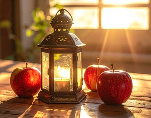 Lantern with candle and apples, warm light and bokeh