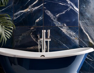 Fototapeta premium modern bathroom background with navy blue marble and natural design for stylish and elegant interior aesthetics