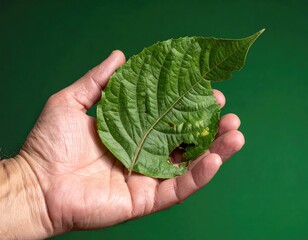 Hand holds a textured, bitten green leaf