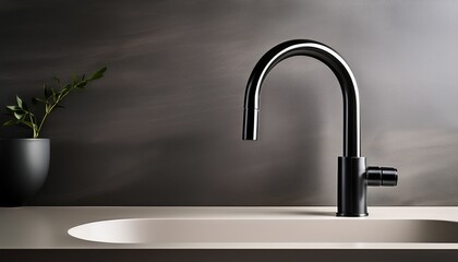 sleek minimal modern faucet in matte black finish elegant curved spout and single lever handle for a high end design in a neutral toned background panoramic view