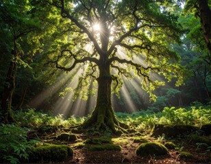 Sunbeams through lush, old-growth tree in a mossy forest