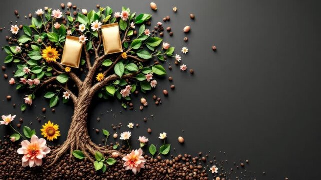 Creative coffee tree art with golden packages on dark background