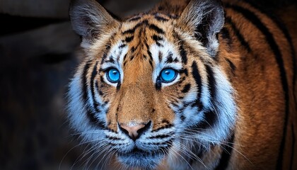 close view of a tiger with striking blue eyes