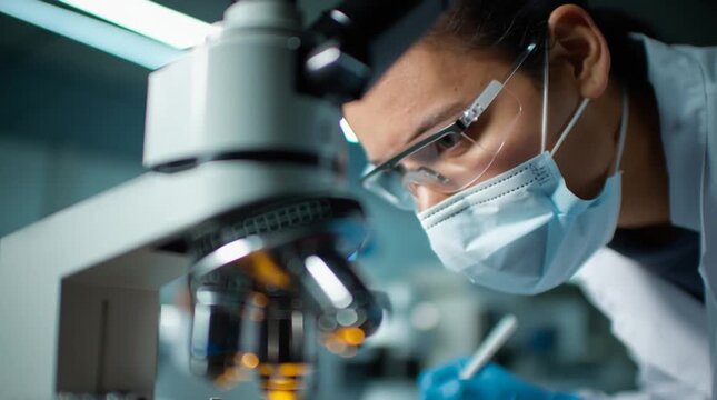 Close up of a microscope with petri dishes and a masked person in background