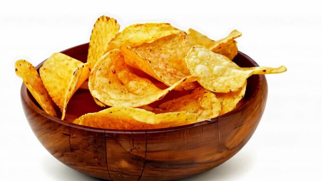 Golden Chips in a Wooden Bowl: Delicious, golden chips spill from a rustic wooden bowl, offering a delightful visual treat and inviting a moment of pure snacking pleasure.