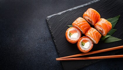 delicious salmon sushi rolls displayed on dark black luxury stone board plate with copy space top view healthy seafood japanese food concept
