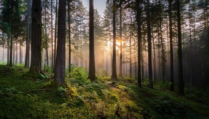 Obraz premium a tranquil forest filled with towering trees and mist illuminated by soft light as dusk approaches creating a serene atmosphere