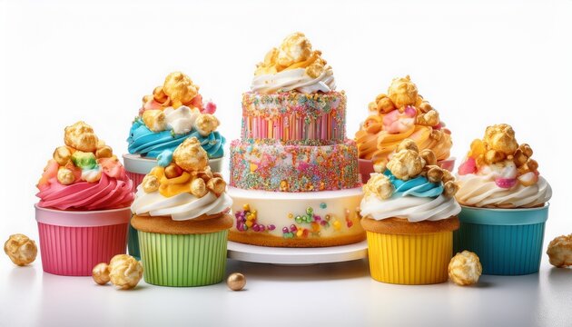 carnival themed cream cakes with colorful frosting popcorn and candy decorations isolated on white background - Powered by Adobe