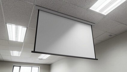 interior image showing a tilted white projection screen suspended from the ceiling of an office