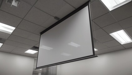 interior image showing a tilted white projection screen suspended from the ceiling of an office