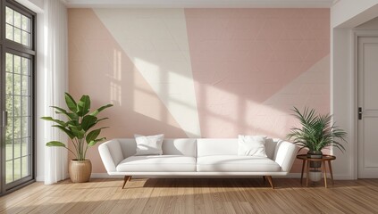 Ideas of living coral living room Geometric Wall Art Paint Design color full style on wooden floor.3D rendering 