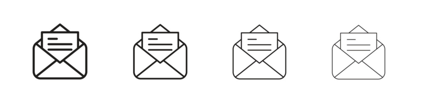 Envelope open icon set. A collection of simple black thin strokes icons
