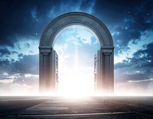 Stone archway leads to a bright, ethereal sky