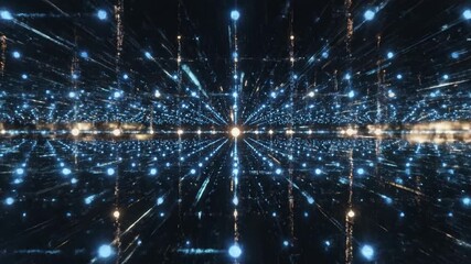 Digital futuristic grid glowing with blue and orange light beams and spheres creating vibrant depth and endless space technology effect with motion and abstract glowing space background - Powered by Adobe