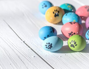 Colorful paw-print eggs on white, textured wood backdrop