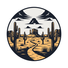 Stylized Flat Desert Landscape with Cactus and Winding Road Illustration