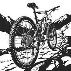 Obraz premium Monochromatic Detailed Mountain Bike Illustration on Rocky Terrain Adventure