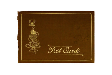 Cover of an old book with gold letters on a transparent background.