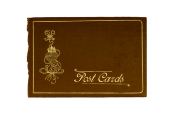 Cover of an old book with gold letters on a transparent background.