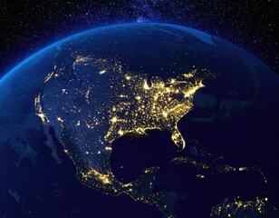 Earth at night, North America glows against starry backdrop